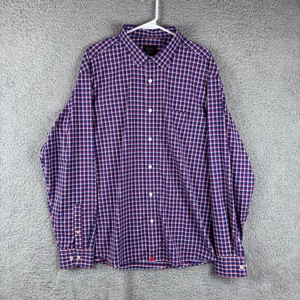 Untuckit Button Shirt Mens 3XL Blue Red Plaid Nylon Blend Stretch Long Sleeve